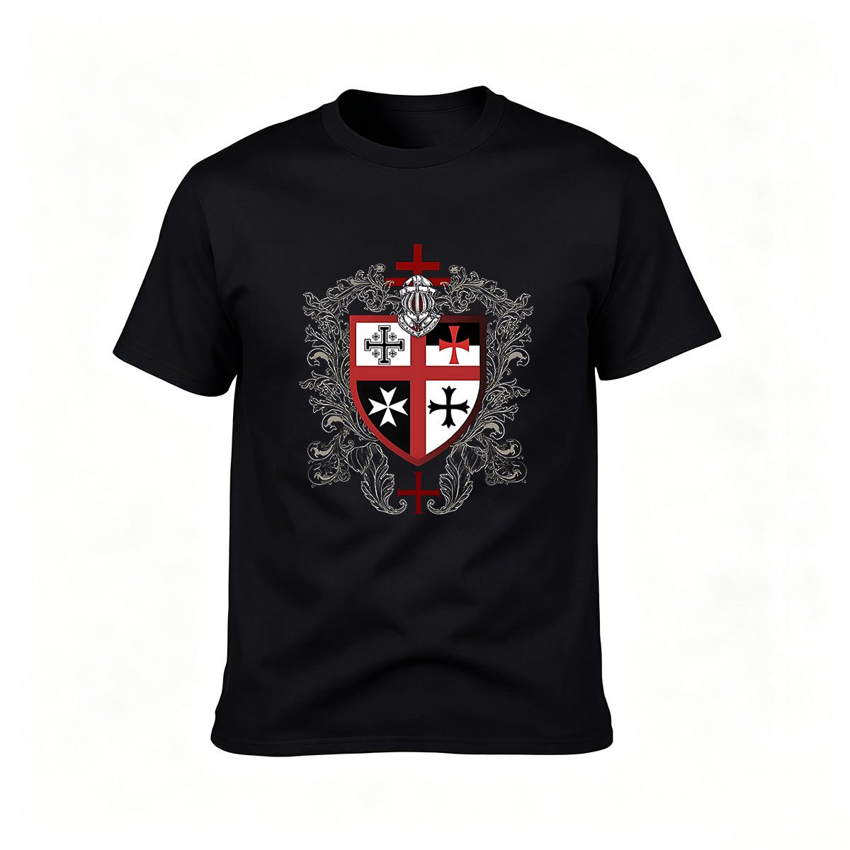 Men's Black T-Shirt with Heraldic Cross Shield Design for Gifts and Casual Wear