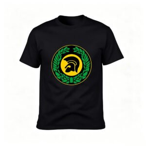 Men's Black T-Shirt with Greek Warrior Helmet and Laurel Wreath Design
