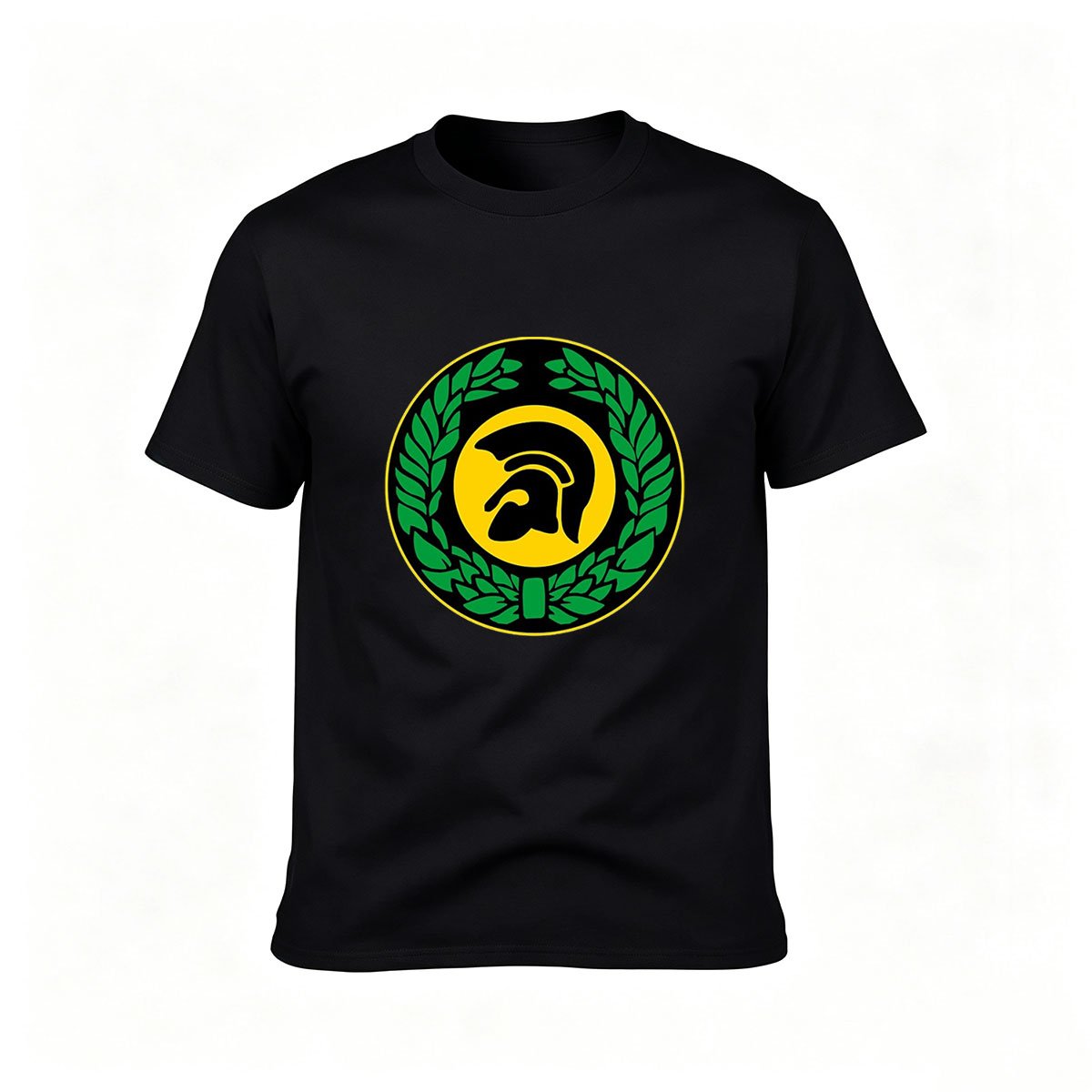 Men's Black T-Shirt with Greek Warrior Helmet and Laurel Wreath Design