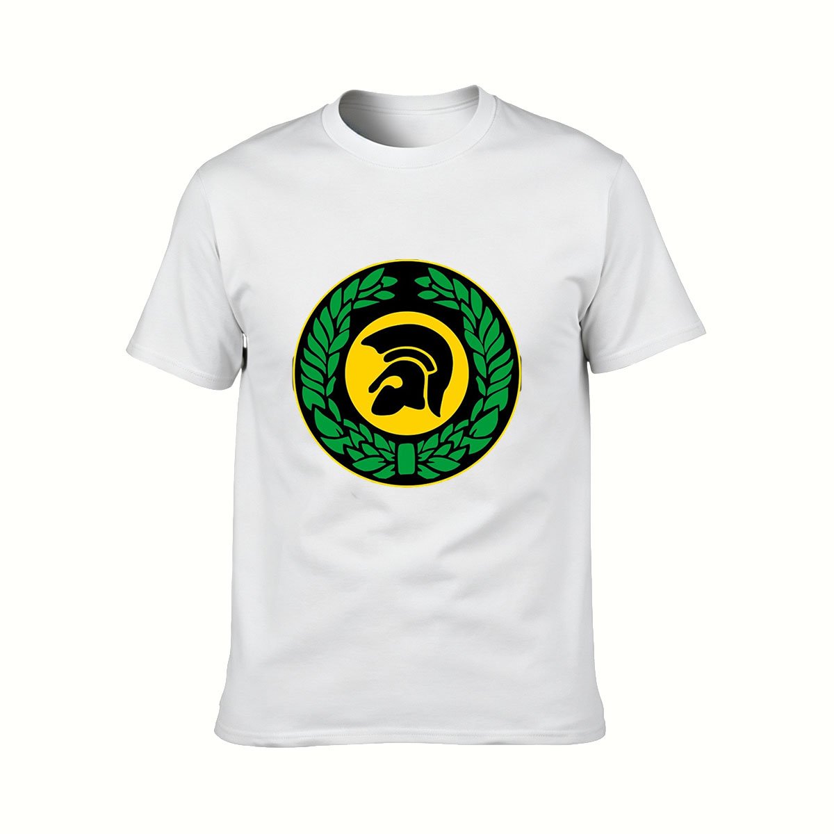 Men's Black T-Shirt with Greek Warrior Helmet and Laurel Wreath Design - Image 2