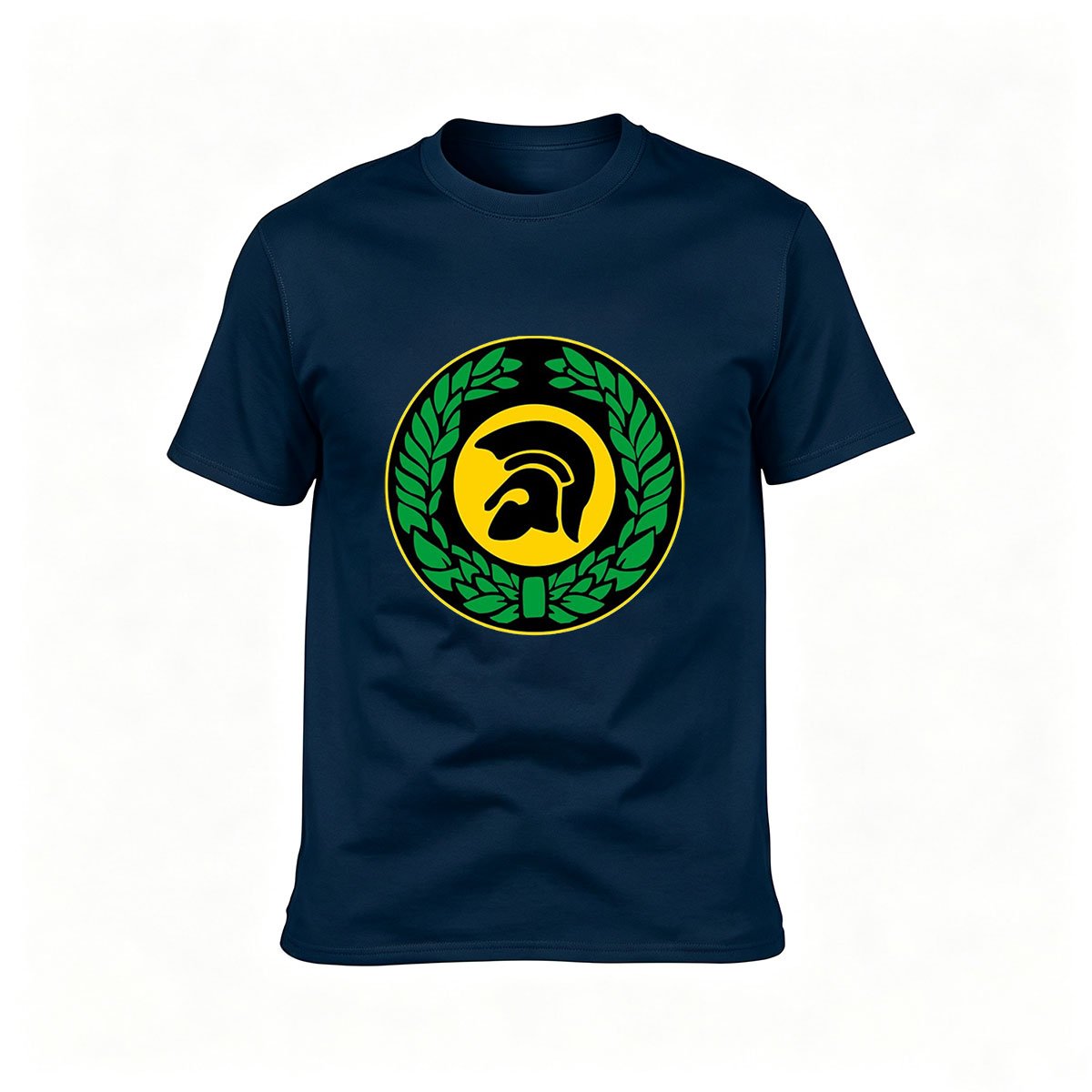 Men's Black T-Shirt with Greek Warrior Helmet and Laurel Wreath Design - Image 6