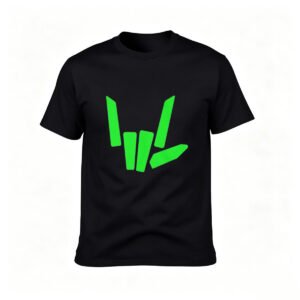 Men's Black T-Shirt with Green Rock Hand Sign Print Casual Wear Gift