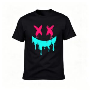 Black T-Shirt with Pink X Eyes and Teal Drip Smile Graphic Design for Men Women Casual Wear Gift