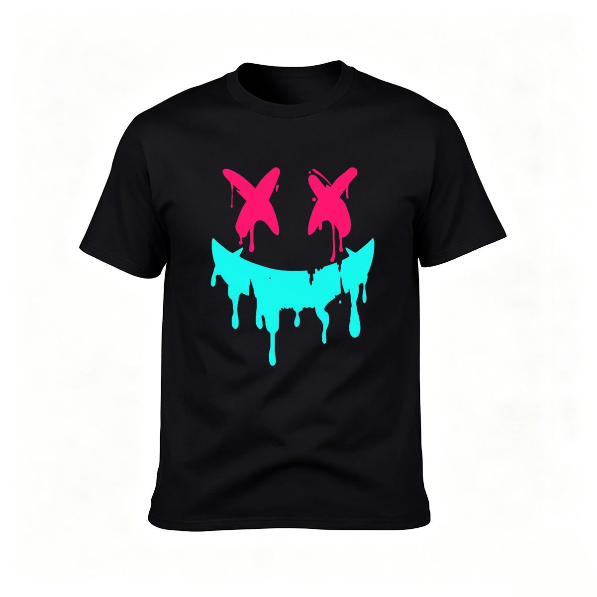 Black T-Shirt with Pink X Eyes and Teal Drip Smile Graphic Design for Men Women Casual Wear Gift