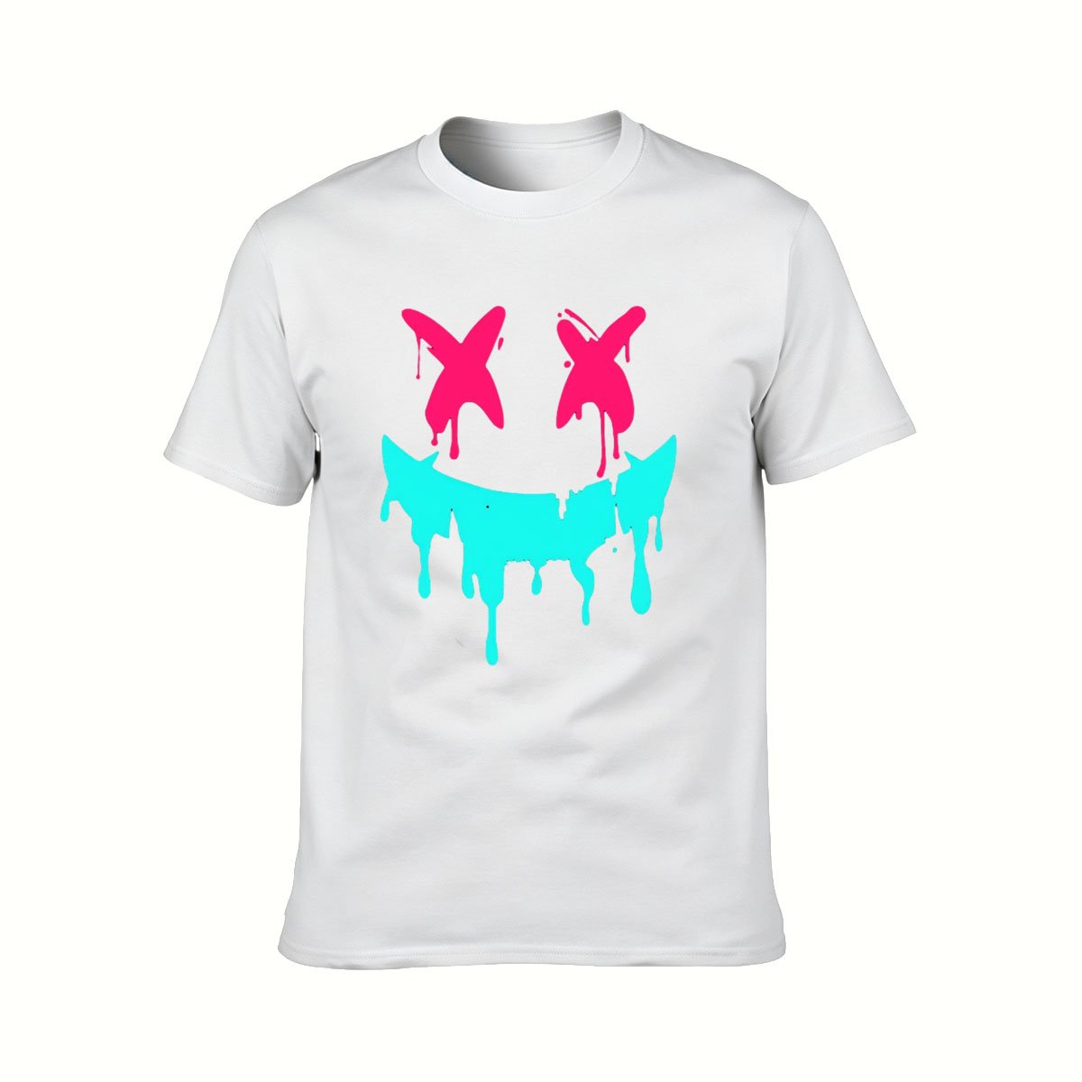 Black T-Shirt with Pink X Eyes and Teal Drip Smile Graphic Design for Men Women Casual Wear Gift - Image 2