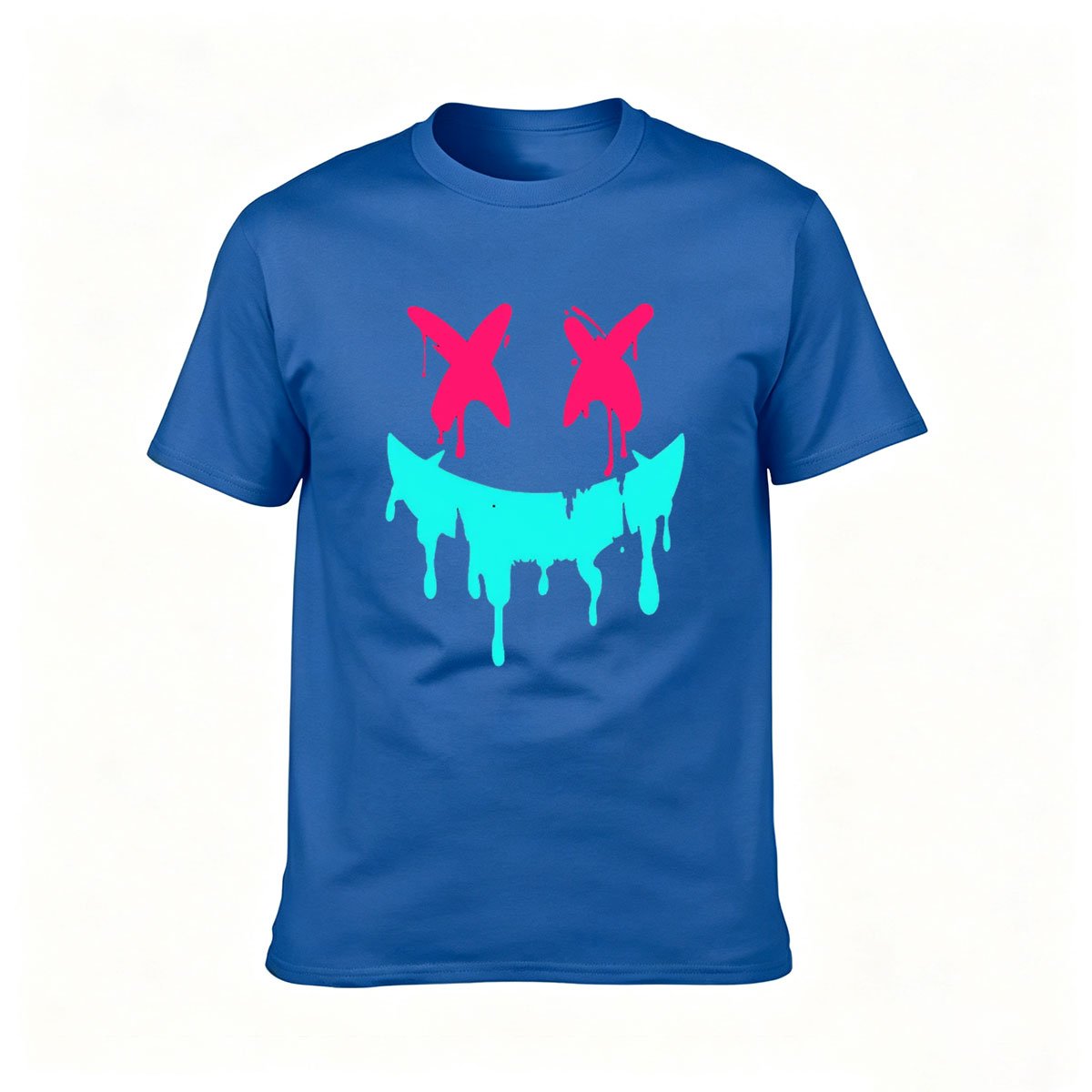 Black T-Shirt with Pink X Eyes and Teal Drip Smile Graphic Design for Men Women Casual Wear Gift - Image 4