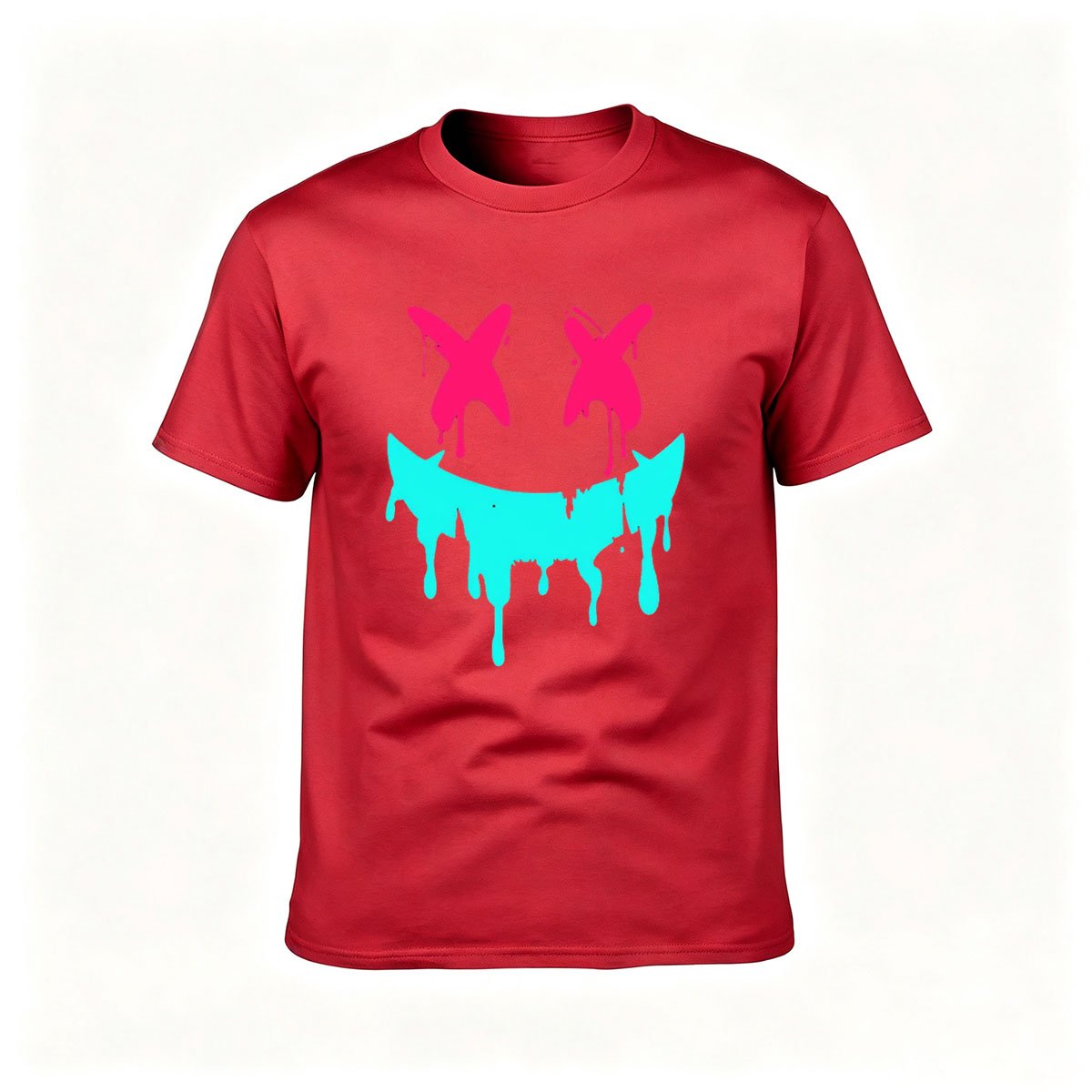 Black T-Shirt with Pink X Eyes and Teal Drip Smile Graphic Design for Men Women Casual Wear Gift - Image 5