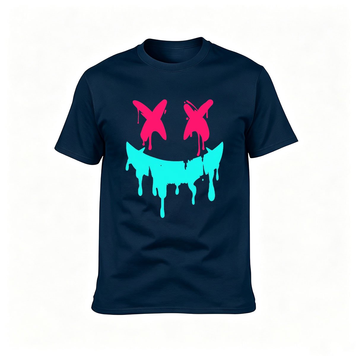 Black T-Shirt with Pink X Eyes and Teal Drip Smile Graphic Design for Men Women Casual Wear Gift - Image 6