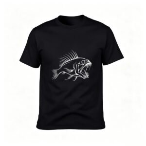 Men's Black T-Shirt with White Fish Print for Fishing Enthusiasts
