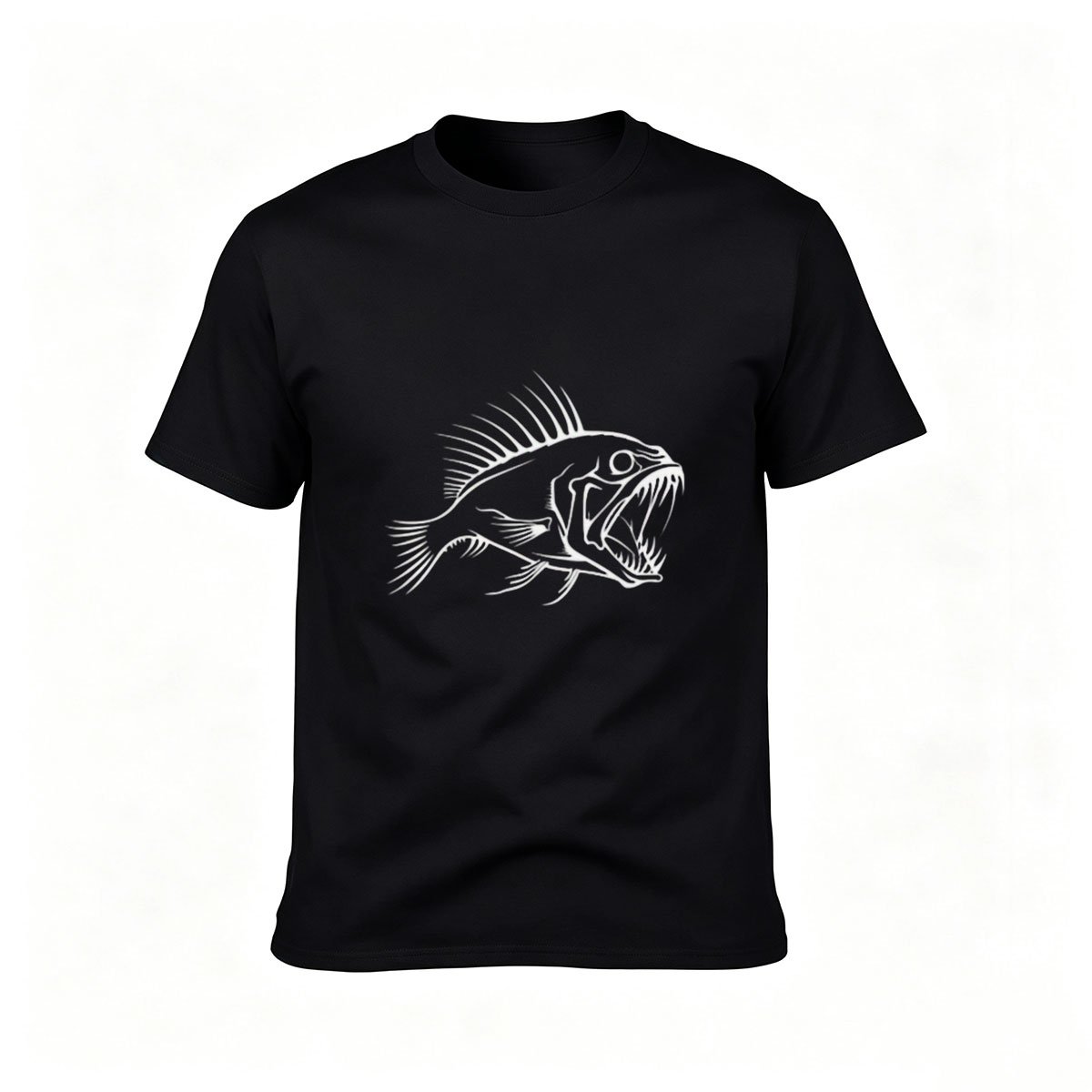 Men's Black T-Shirt with White Fish Print for Fishing Enthusiasts
