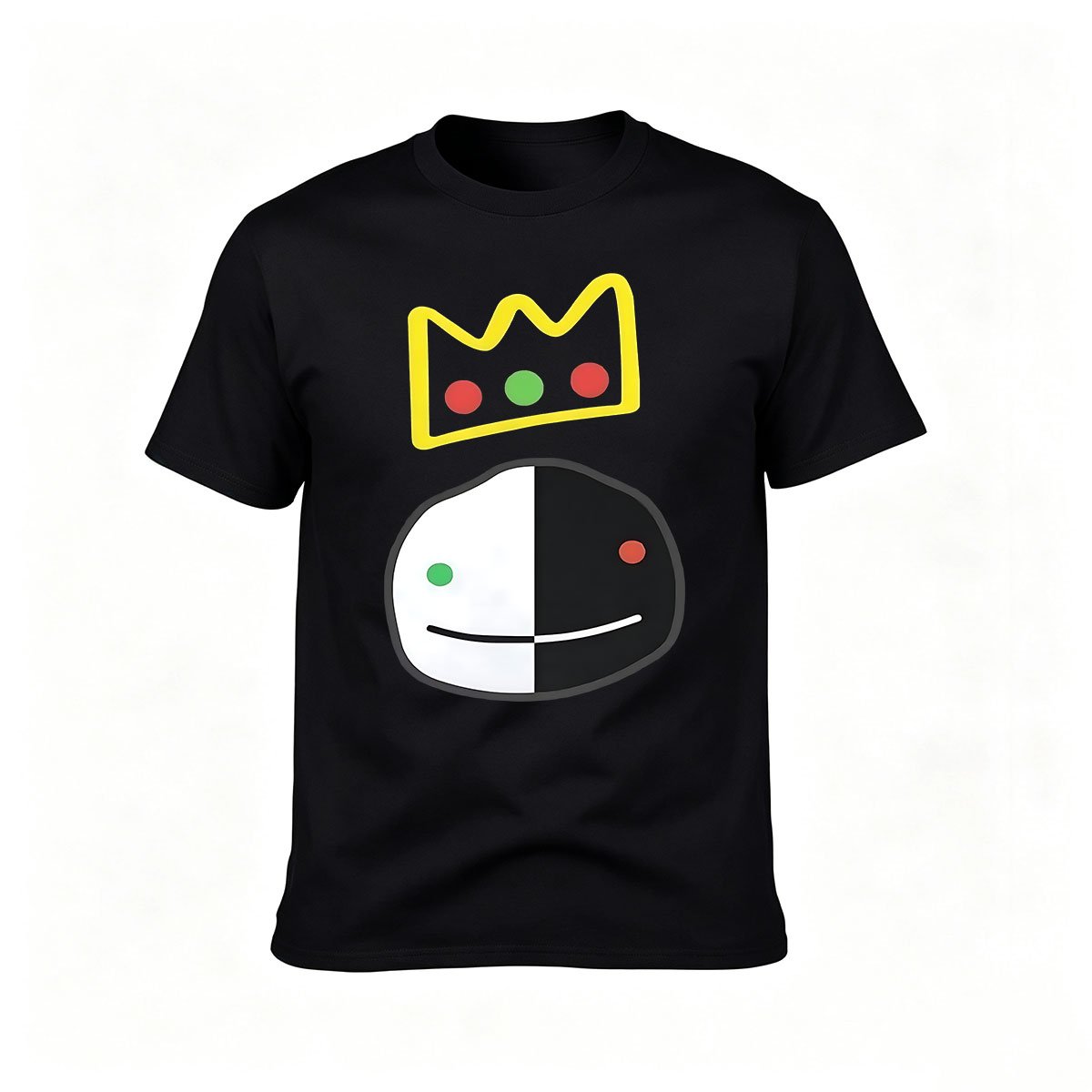 Mens Black T-Shirt with King Crown and Split Face Design Gift for Gamers